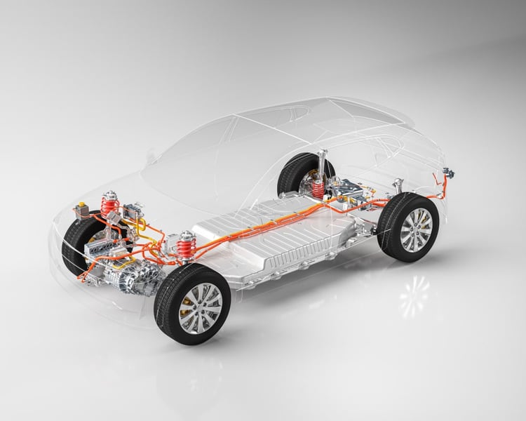 3D-Darstellung eines Elektroautos, transparent, mit Hervorhebung der Batterie im Inneren und der Räder.