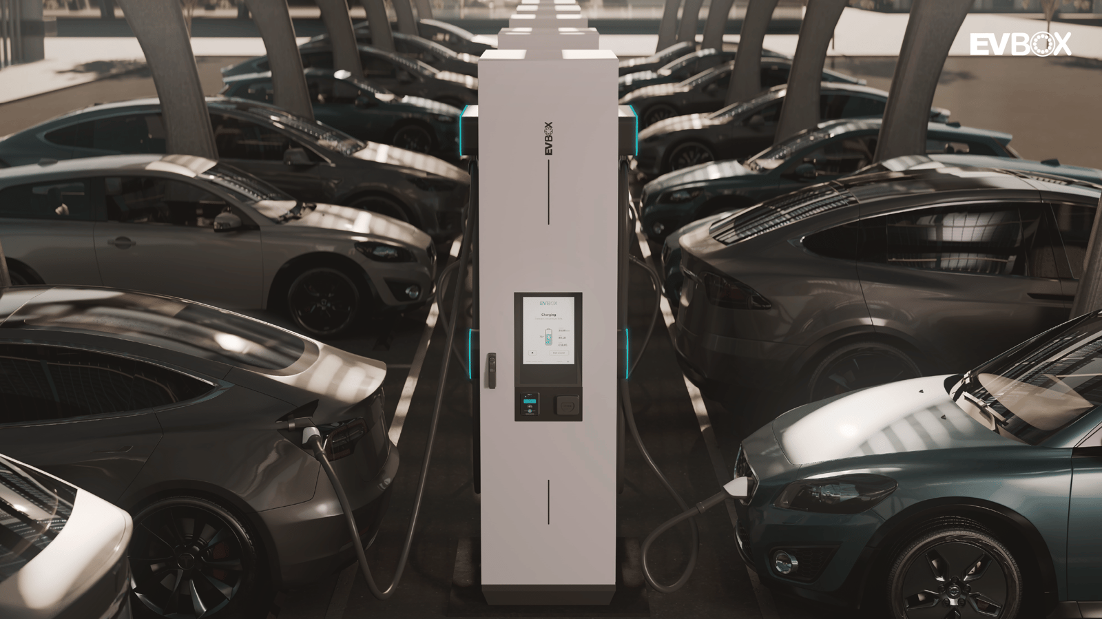 EVBox Troniq Modular DC fast charging station in an underground and busy car park.