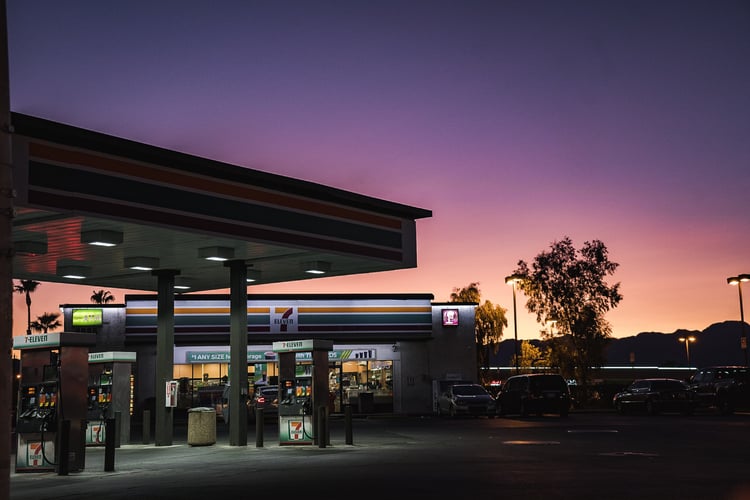A gas station at sunrise